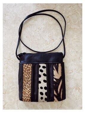 VTG Black Leather Animal Print Calf Hair Crossbody Purse